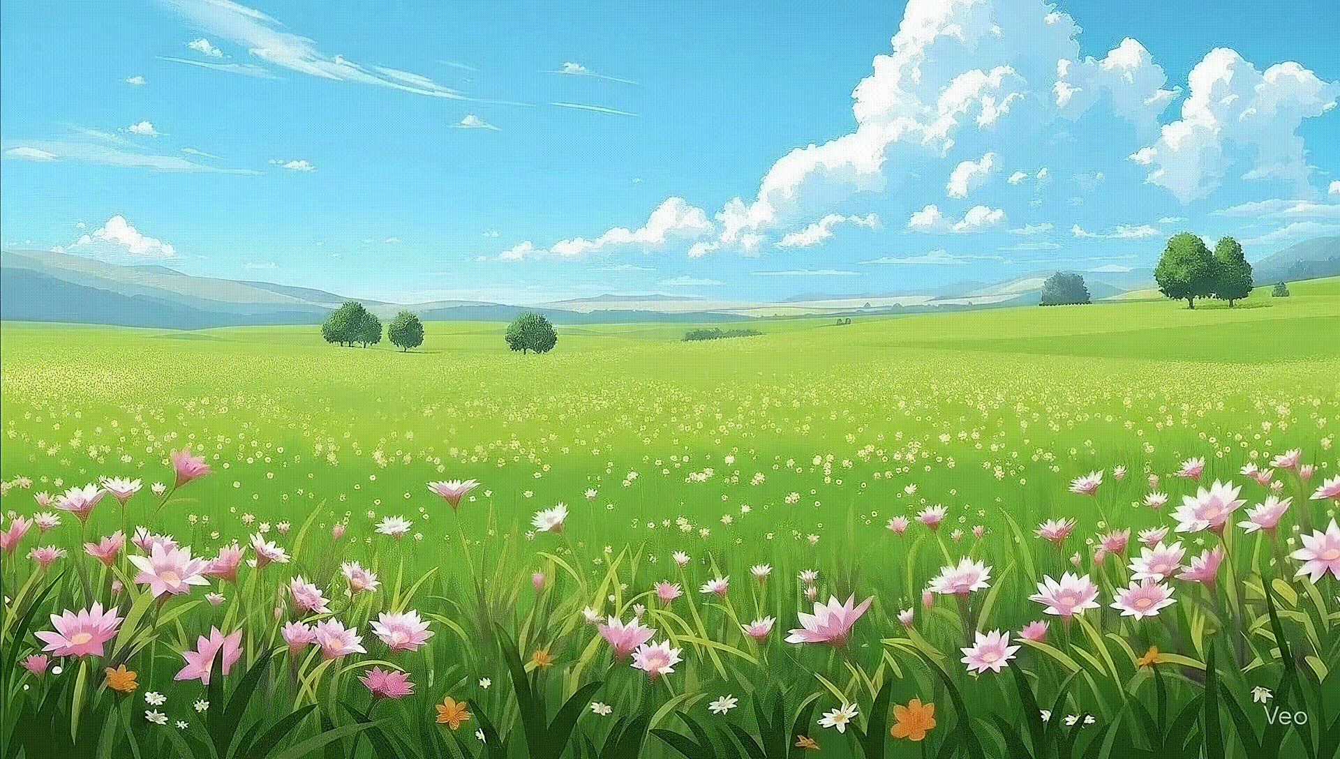 A vibrant anime illustration of a sunlit grassy field with pink flowers and rolling green hills in the background under a clear blue sky.